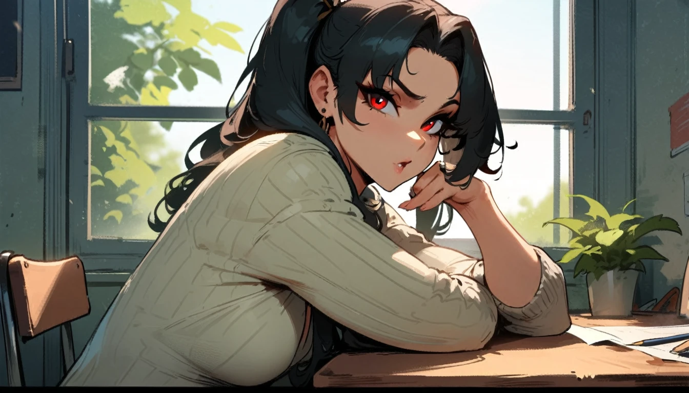 1girl, ishtar \(fate\), fate \(series\) \\\\\ masterpiece, best quality, very aesthetic, absurdres, newest \\\\\\ slim body,///// ,by nyantcha,cutesexyrobutts , by khyle,,////// beautiful face, sexy, red eyes, , at school, windows, greenery, sweater,,at desk, looking at viewer, close-up