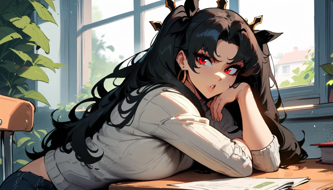 1girl, ishtar \(fate\), fate \(series\) \\\\\ masterpiece, best quality, very aesthetic, absurdres, newest \\\\\\ slim body,///// ,by nyantcha,cutesexyrobutts , by khyle,,////// beautiful face, sexy, red eyes, , at school, windows, greenery, sweater,,at desk, looking at viewer, close-up