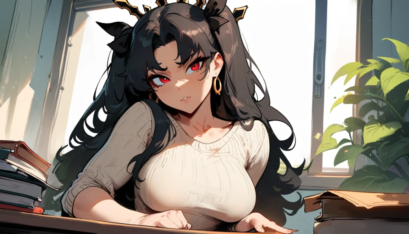 1girl, ishtar \(fate\), fate \(series\) \\\\\ masterpiece, best quality, very aesthetic, absurdres, newest \\\\\\ slim body,///// ,by nyantcha,cutesexyrobutts , by khyle,,////// beautiful face, y, red eyes, , at school, windows, greenery, sweater,,at desk, looking at viewer, close-up