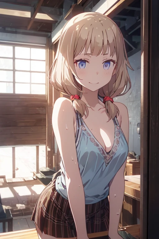 (from below:1.2),(from side:0.9), (Close-Up:0.6), highest quality、(real、photorealistic:1.4)、(RAW photo:1.2)(Curve,Model,glamor:1.5),Beautiful breasts,colour_aberration,beautiful detailed shadow,Beautiful eyes,Beautiful body,Beautiful skin,beautifull hands,(medium_breasts:1.5),1 girl in, (perky chest:1.2), (pointed chest:1.2), dark bronde hair,long hair,side ponytail,hair between eyes,bangs,Purplish brown eyes that dreamers desire, (Blonde hair) , small stature, Colossal tits, Lori, (masutepiece:1.2, Best Quality), (finely detailed beautiful eye: 1.2), (beautifull detailed face), (Best Illumination, extremely delicate and beautiful), ((Cinematic Light)), Dramatic light,Ultra Contrast、Braid a little around the ears, clavicle, red long dress、only has 5 fingers,Her pussy is visible through the see-through white thong、Wet pants、You can see inside your underwear、full of sweat、mocking look、diaper、nffsw,Arms crossed、grab the arm、Shoot from below、The angle is as seen from below.、Best Quality、Large breastuscular pussy:1.2、Pubic hair,high-level image quality、hightquality、8K,perfect hand、5 fingers、finger pin、Perfect Finger、see-through T back、Naked、noise cut、bullet hand、Her hair color should have been a brighter brown,The skirt part is also carefully expressed,brown skirt、the skirt is floating in the wind:1.3、see-through purple panties、Pubic hair majority,(with sparkling eyes and a contagious smile),her thin pubic hair:1.2, looking at viewer