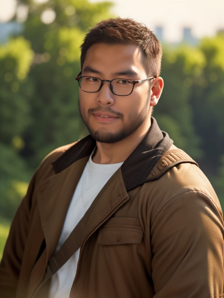 An award-winning original photo，a handsome 38-year-old man, crew cut, (((full body))), (((landscape))), mature man, [slightly fat], asian man, brown eyes, rounded face, glasses, slightly balding, 1boy, Solo, (big shoulders), (((stubbles, Short beard))), (((full beard))), (Beautiful eyes:1.3), (Detailed face:1.3), wearing glasses, Dynamic Angle, volumetric lighting, (Best quality, A high resolution, Photorealistic), Cinematic lighting, Masterpiece, RAW photo, Intricate details, (extremely detailed 8k wallpaper), masterpiece 16k photo, (8k, RAW photo, best quality, masterpiece: 1.2), (realistic, photorealistic: 1.37), Realistic, ((Masterpiece)), ((Best quality)), (Detailed), Cinematic, Dynamic lighting, soft shade, Detailed background, Professional photography, Depth of field, Intricate, Detailed face, Subsurface scattering, photo-realistic hair, Realistic eyes, military uniform, AK-47, AKM, kalashnikov_rifle, assault_rifle, holding_gun