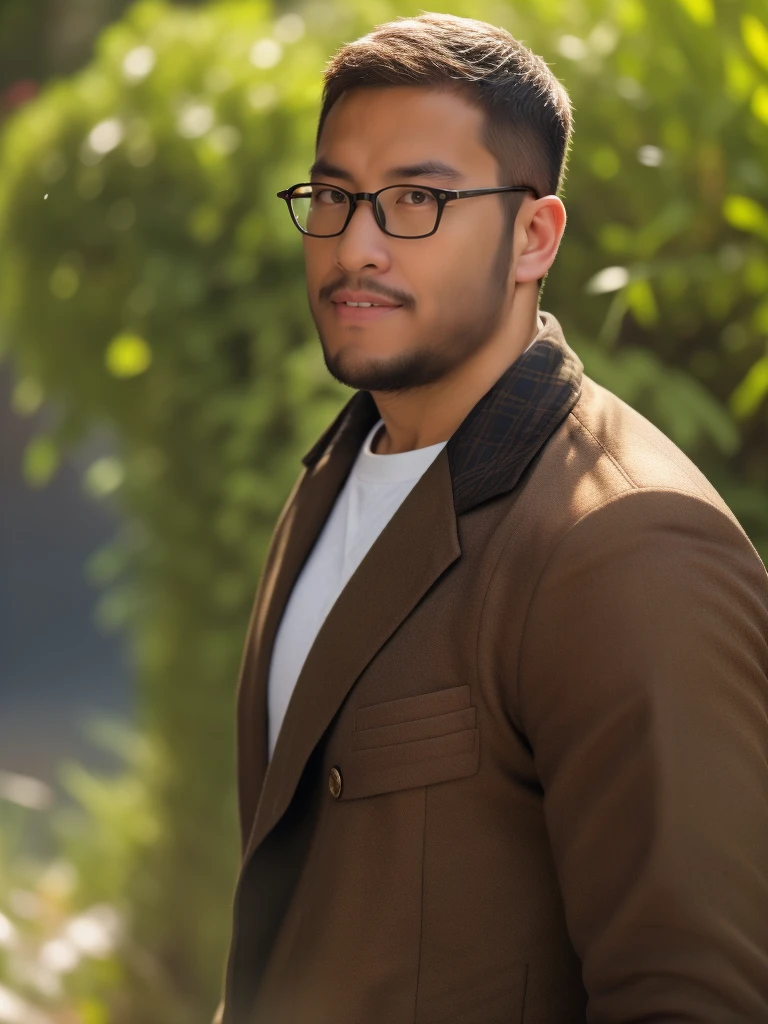 An award-winning original photo，a handsome 38-year-old man, crew cut, (((full body))), (((landscape))), mature man, [slightly fat], asian man, brown eyes, rounded face, glasses, slightly balding, 1boy, Solo, (big shoulders), (((stubbles, Short beard))), (((full beard))), (Beautiful eyes:1.3), (Detailed face:1.3), wearing glasses, Dynamic Angle, volumetric lighting, (Best quality, A high resolution, Photorealistic), Cinematic lighting, Masterpiece, RAW photo, Intricate details, (extremely detailed 8k wallpaper), masterpiece 16k photo, (8k, RAW photo, best quality, masterpiece: 1.2), (realistic, photorealistic: 1.37), Realistic, ((Masterpiece)), ((Best quality)), (Detailed), Cinematic, Dynamic lighting, soft shade, Detailed background, Professional photography, Depth of field, Intricate, Detailed face, Subsurface scattering, photo-realistic hair, Realistic eyes, military uniform, AK-47, AKM, kalashnikov_rifle, assault_rifle, holding_gun