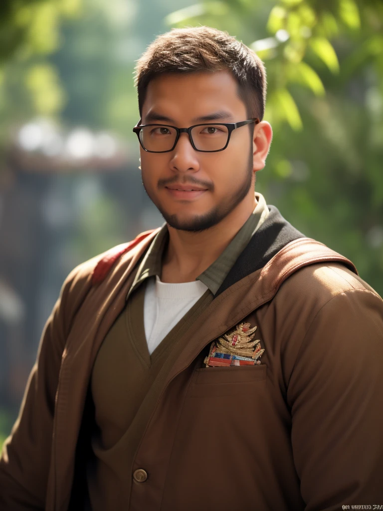 An award-winning original photo，a handsome 38-year-old man, crew cut, (((full body))), (((landscape))), mature man, [slightly fat], asian man, brown eyes, rounded face, glasses, slightly balding, 1boy, Solo, (big shoulders), (((stubbles, Short beard))), (((full beard))), (Beautiful eyes:1.3), (Detailed face:1.3), wearing glasses, Dynamic Angle, volumetric lighting, (Best quality, A high resolution, Photorealistic), Cinematic lighting, Masterpiece, RAW photo, Intricate details, (extremely detailed 8k wallpaper), masterpiece 16k photo, (8k, RAW photo, best quality, masterpiece: 1.2), (realistic, photorealistic: 1.37), Realistic, ((Masterpiece)), ((Best quality)), (Detailed), Cinematic, Dynamic lighting, soft shade, Detailed background, Professional photography, Depth of field, Intricate, Detailed face, Subsurface scattering, photo-realistic hair, Realistic eyes, military uniform, AK-47, AKM, kalashnikov_rifle, assault_rifle, holding_gun