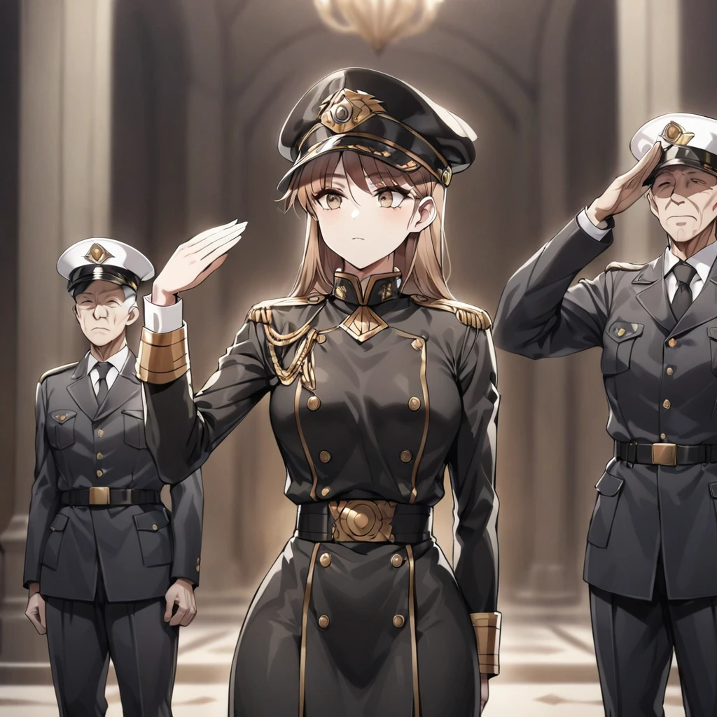 ((Highest quality)), ((masterpiece)), (detailed), （Perfect Face）、The woman is Princess Leona, with medium-long light brown hair, wearing a black military uniform and a military cap, and standing upright with good posture while saluting the elderly general.、Women are brainwashed, expressionless, and have no highlights in their eyes.