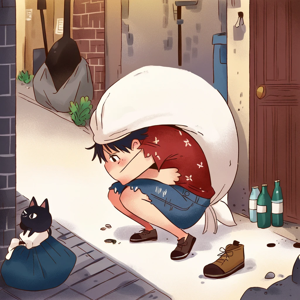 Illustrate an image of a very pitiful anthropomorphic kitten wearing extremely tattered red linen shirt and denim overalls, even more worn-out cloth shoes, carrying an oversized sack on its back, taller than itself. This time, the kitten is placed in an urban alleyway, a dark corner of the city where the ground is covered with garbage and bottles. The image should be rendered in a vector illustration style, maintaining the original concept but translating it into a cleaner, more stylized form that emphasizes the contrast between the innocence of the character and the severity of its urban surroundings.