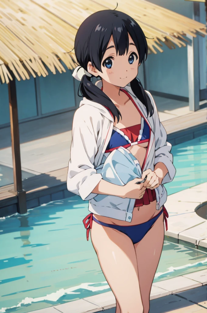  solo, 1girl, tamako kitashirakawa, , looking at viewer, smile, ,outdoor,bikini