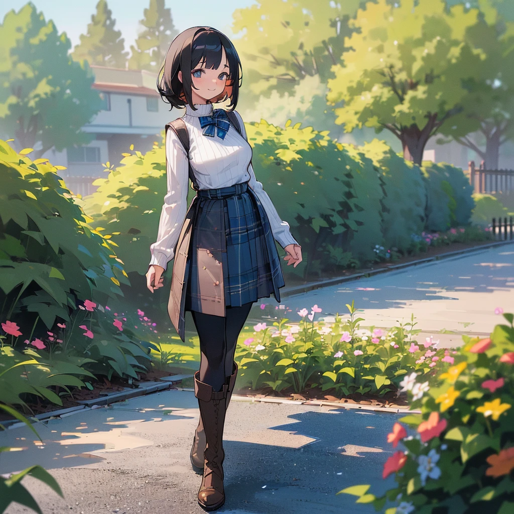 (high quality, High resolution, Very detailed, 8K, reality:1.37), Peaceful atmosphere, (Outdoor, garden), Teenage girl standing alone, (my breasts are big.), Beautifully detailed features, Cute Smile, (Black bob hair), Ribbed sweater, Blue plaid skirt, black tights, Brown boots.