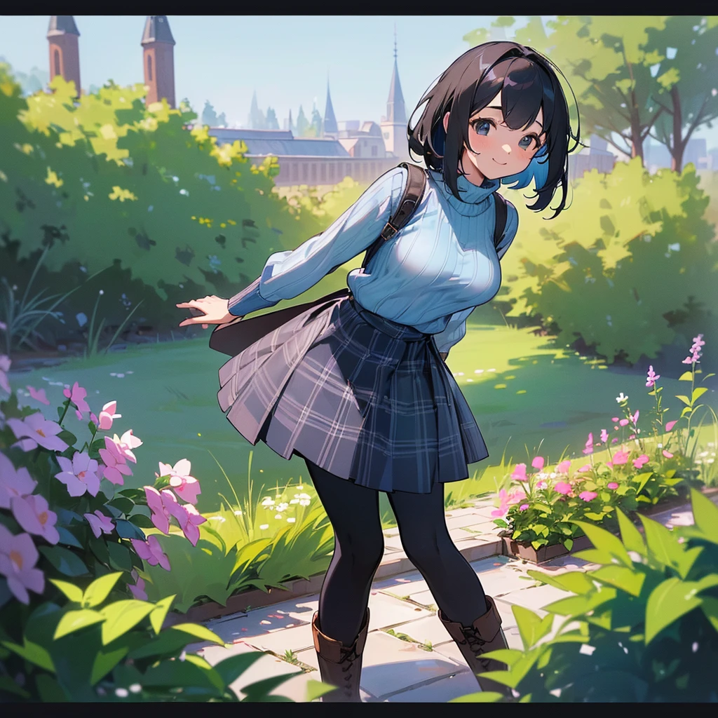 (high quality, High resolution, Very detailed, 8K, reality:1.37), Peaceful atmosphere, (Outdoor, garden), Teenage girl standing alone, (my breasts are big.), Beautifully detailed features, Cute Smile, (Black bob hair), Ribbed sweater, Blue plaid skirt, black tights, Brown boots.