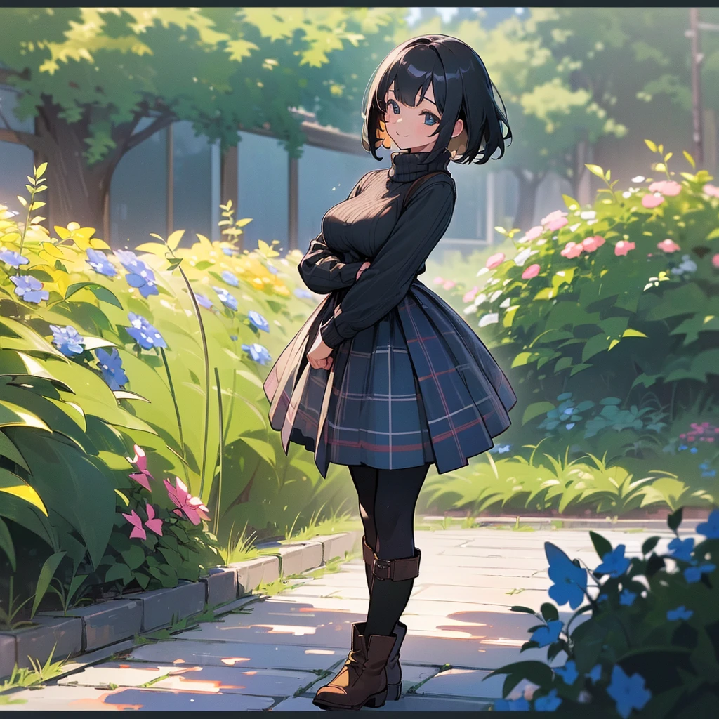 (high quality, High resolution, Very detailed, 8K, reality:1.37), Peaceful atmosphere, (Outdoor, garden), Teenage girl standing alone, (my breasts are big.), Beautifully detailed features, Cute Smile, (Black bob hair), Ribbed sweater, Blue plaid skirt, black tights, Brown boots.