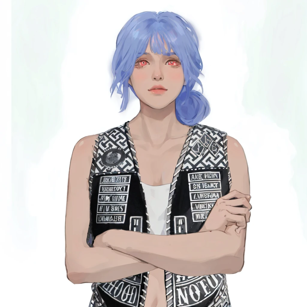 (masterpiece:1.2, best quality), (1girl, solo, upper body:1.2),flat face,Hair: buzz cut,Clothing: oversized, distressed denim jacket with patches and pins, paired with black skinny jeans and combat boots, Hanging out in an underground music venue or street art exhibit