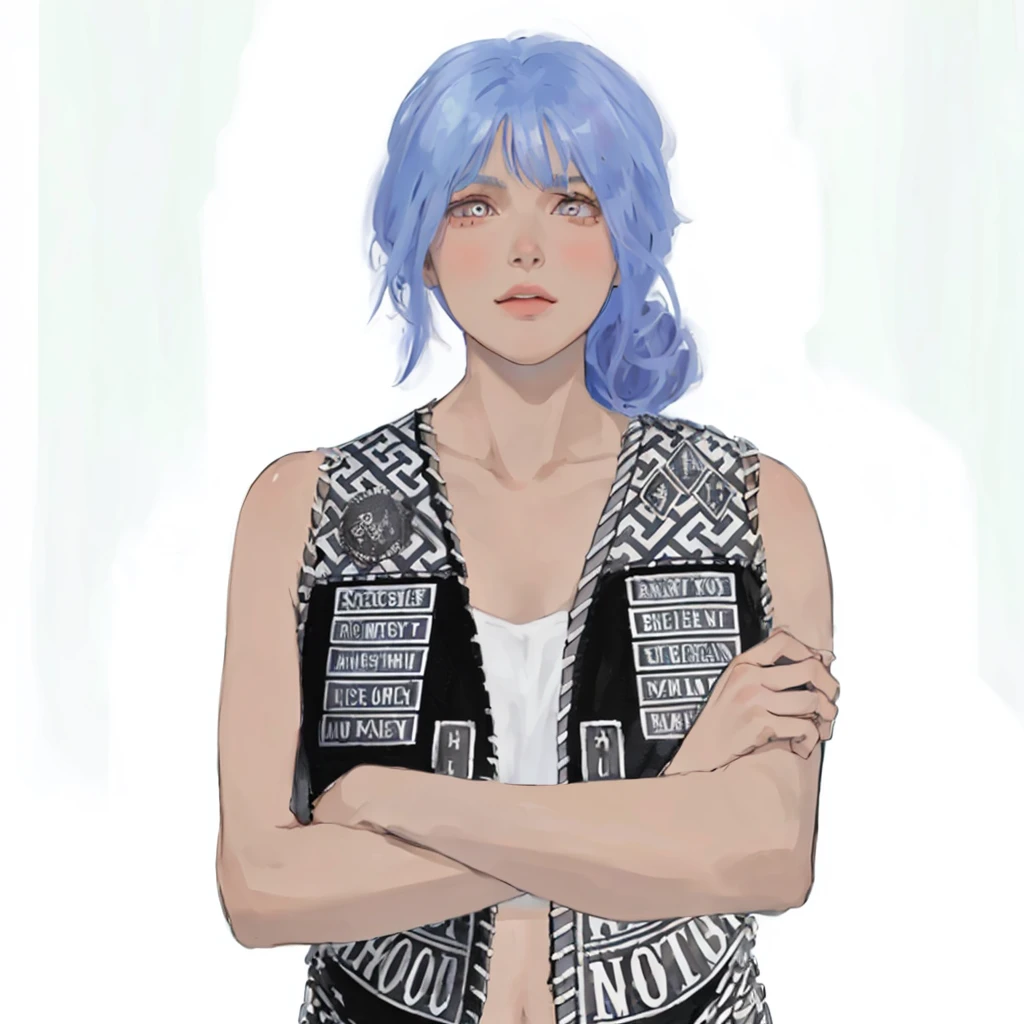 (masterpiece:1.2, best quality), (1girl, solo, upper body:1.2),flat face,Hair: buzz cut,Clothing: oversized, distressed denim jacket with patches and pins, paired with black skinny jeans and combat boots, Hanging out in an underground music venue or street art exhibit