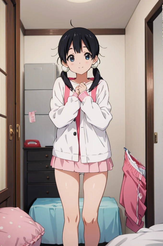 solo, 1girl, tamako kitashirakawa, , looking at viewer, smile, ,miniskirt,,my room,((nsfw)),((panties,casual clothes))