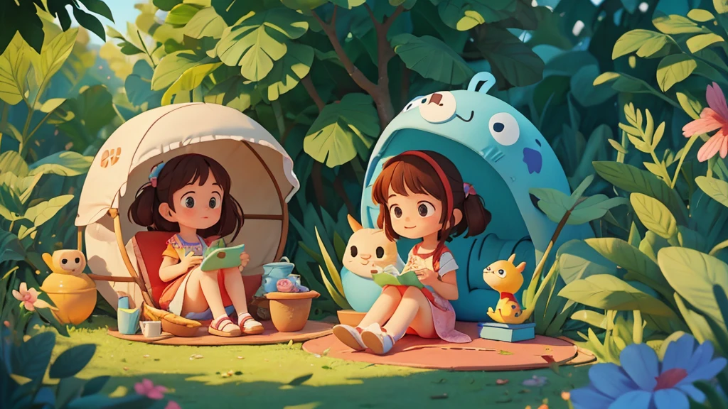 Cute one , Sarah sitting with the animals, sharing a small secret ,pixar style, best quality, stills,