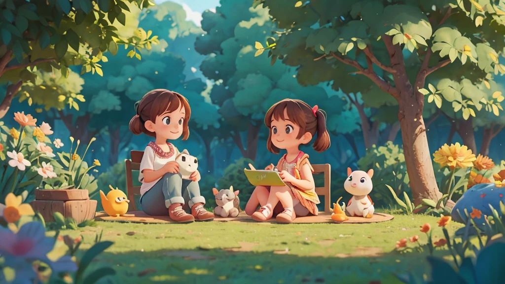 Cute one  , Sarah sitting with the animals, sharing a small secret ,pixar style, best quality, stills,