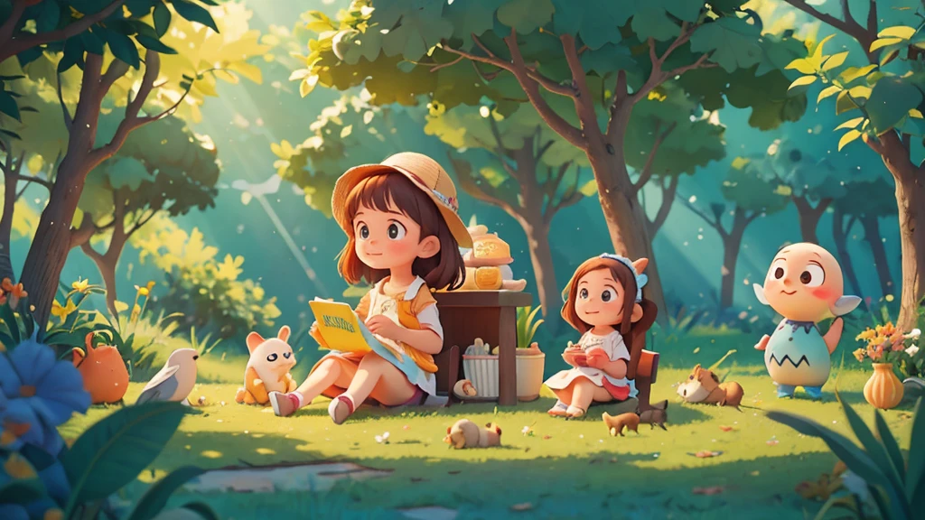 Cute one  , Sarah sitting with the animals, sharing a small secret ,pixar style, best quality, stills,