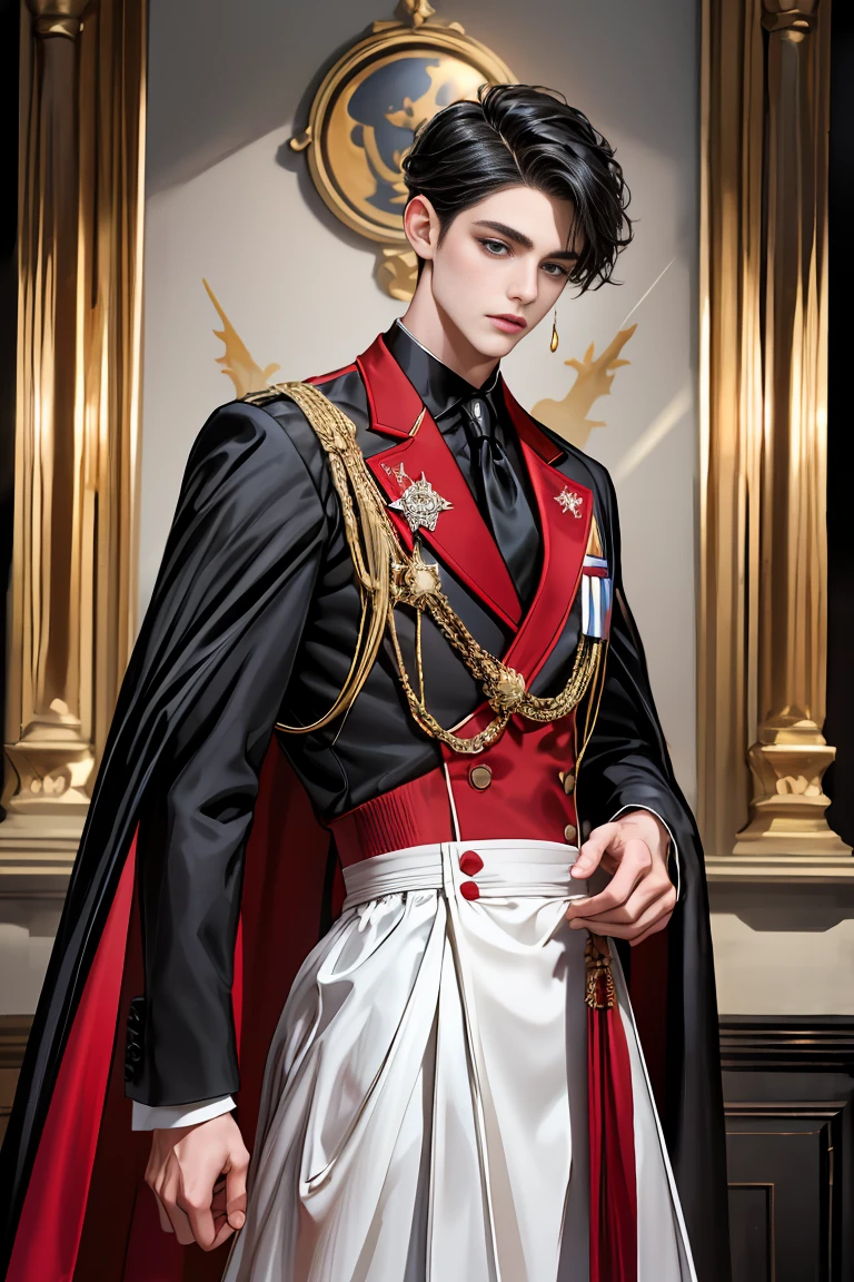 masterpiece, 最high quality, high quality, 1 boy, alone, Male focus, Watching the audience, Messy black hair, Adorable big blue eyes, White people, Noble, Noble,Sexy voluminous black and red cape、Tuxedo、A very voluminous, large, very large, very large, long, long red and black cape with a high stand-up collar, reaching down to the floor, made of a lot of fabric., ,Cute beautiful boys,Cute, cute, kind, handsome guy