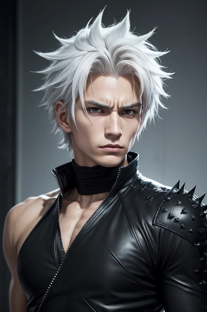A 20-year-old man with fair skin and tousled white hair, styled in an unruly, spiky manner typical of anime characters. His deep black eyes have an intense and mysterious look, with a sharp, piercing gaze. He has a lean build and a strong, angular jawline, with high cheekbones that give him a striking appearance. His expression often carries a hint of determination and seriousness, reminiscent of characters from Jujutsu Kaisen. He wears a dark, form-fitting outfit with subtle, intricate patterns, adding to his enigmatic and powerful aura aparence anime ,cowboy bebop style