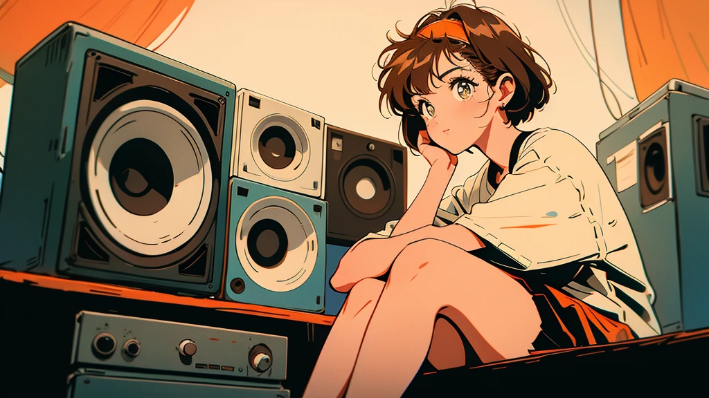 A woman with short brown hair sitting in front of a speaker. The woman has an orange headband, large eyes, and a simple white shirt. Vintage audio equipment can be seen in the background.4k