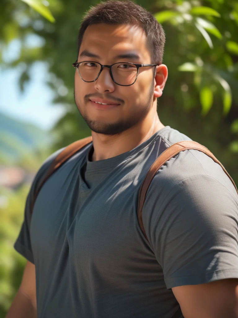 An award-winning original photo，a handsome 38-year-old man, crew cut, (((full body))), (((landscape))), mature man, [slightly fat], asian man, brown eyes, rounded face, glasses, slightly balding, 1boy, Solo, (big shoulders), (((stubbles, Short beard))), (((full beard))), (Beautiful eyes:1.3), (Detailed face:1.3), wearing glasses, Dynamic Angle, volumetric lighting, (Best quality, A high resolution, Photorealistic), Cinematic lighting, Masterpiece, RAW photo, Intricate details, (extremely detailed 8k wallpaper), masterpiece 16k photo, (8k, RAW photo, best quality, masterpiece: 1.2), (realistic, photorealistic: 1.37), Realistic, ((Masterpiece)), ((Best quality)), (Detailed), Cinematic, Dynamic lighting, soft shade, Detailed background, Professional photography, Depth of field, Intricate, Detailed face, Subsurface scattering, photo-realistic hair, Realistic eyes, action pose