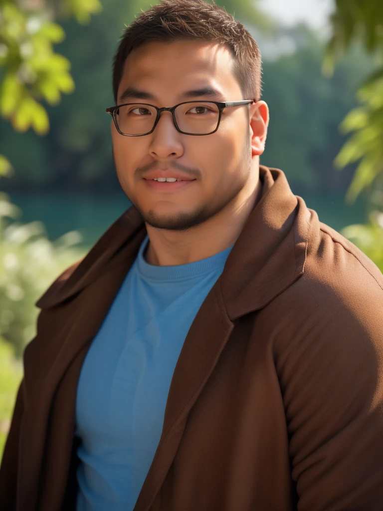 An award-winning original photo，a handsome 38-year-old man, crew cut, (((full body))), (((landscape))), mature man, [slightly fat], asian man, brown eyes, rounded face, glasses, slightly balding, 1boy, Solo, (big shoulders), (((stubbles, Short beard))), (((full beard))), (Beautiful eyes:1.3), (Detailed face:1.3), wearing glasses, Dynamic Angle, volumetric lighting, (Best quality, A high resolution, Photorealistic), Cinematic lighting, Masterpiece, RAW photo, Intricate details, (extremely detailed 8k wallpaper), masterpiece 16k photo, (8k, RAW photo, best quality, masterpiece: 1.2), (realistic, photorealistic: 1.37), Realistic, ((Masterpiece)), ((Best quality)), (Detailed), Cinematic, Dynamic lighting, soft shade, Detailed background, Professional photography, Depth of field, Intricate, Detailed face, Subsurface scattering, photo-realistic hair, Realistic eyes, action pose