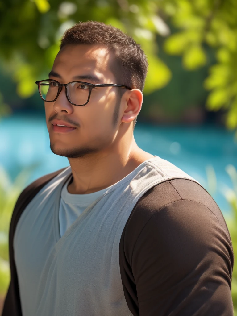 An award-winning original photo，a handsome 38-year-old man, crew cut, (((full body))), (((landscape))), mature man, [slightly fat], asian man, brown eyes, rounded face, glasses, slightly balding, 1boy, Solo, (big shoulders), (((stubbles, Short beard))), (((full beard))), (Beautiful eyes:1.3), (Detailed face:1.3), wearing glasses, Dynamic Angle, volumetric lighting, (Best quality, A high resolution, Photorealistic), Cinematic lighting, Masterpiece, RAW photo, Intricate details, (extremely detailed 8k wallpaper), masterpiece 16k photo, (8k, RAW photo, best quality, masterpiece: 1.2), (realistic, photorealistic: 1.37), Realistic, ((Masterpiece)), ((Best quality)), (Detailed), Cinematic, Dynamic lighting, soft shade, Detailed background, Professional photography, Depth of field, Intricate, Detailed face, Subsurface scattering, photo-realistic hair, Realistic eyes, action pose