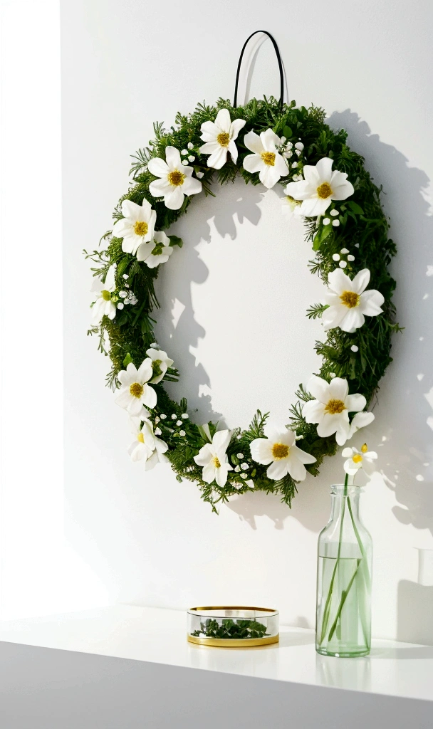 White background,a wreath, Made of flowers, Perfect minimalist composition, , elegant composition, Beautiful composition 3-d 4k, Background still life photo