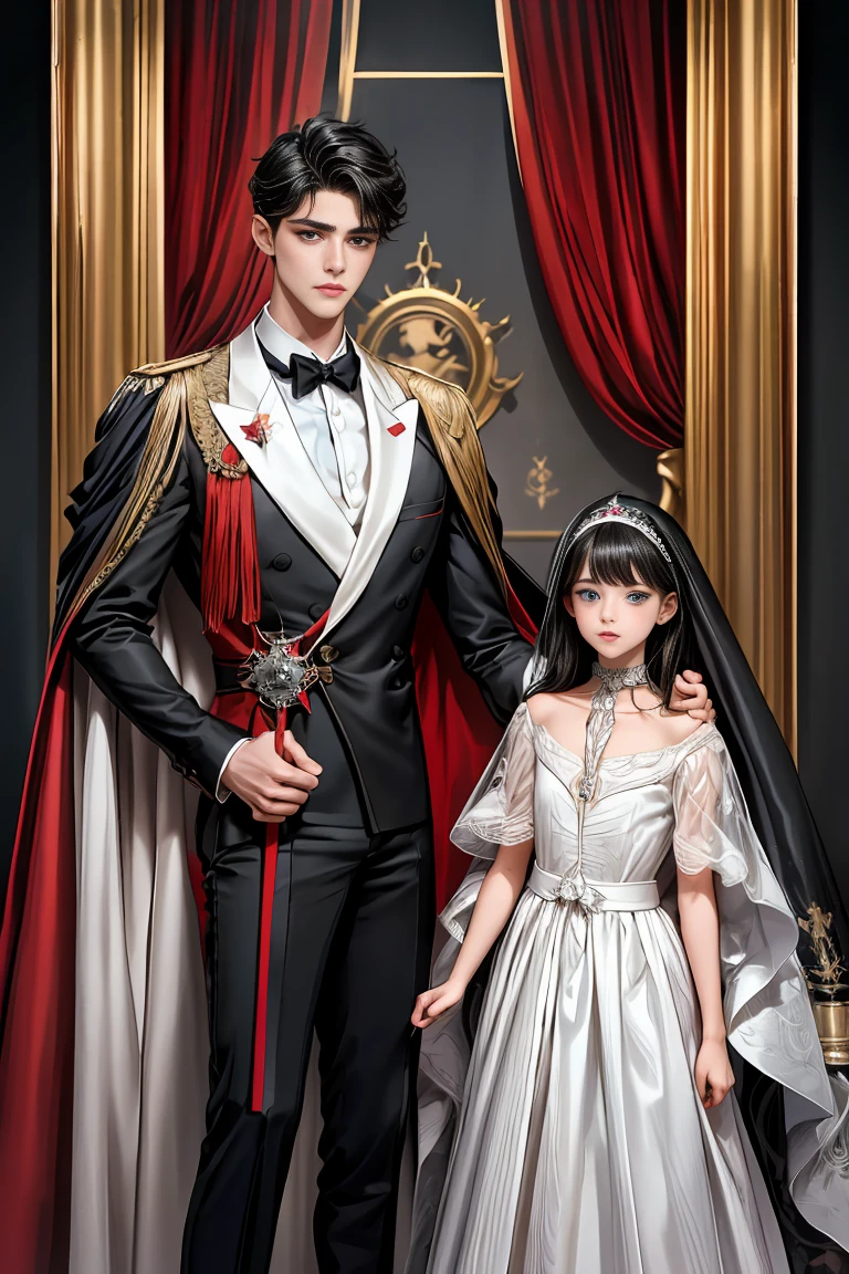 masterpiece, 最high quality, high quality, 1 boy, alone, Male focus, Watching the audience, Messy black hair, Adorable big blue eyes, White people, Noble, Noble,Sexy voluminous black and red cape、Tuxedo、A very voluminous, large, very large, very large, long, long red and black cape with a high stand-up collar, reaching down to the floor, made of a lot of fabric., ,Cute beautiful boys,Cute, cute, kind, handsome guy
