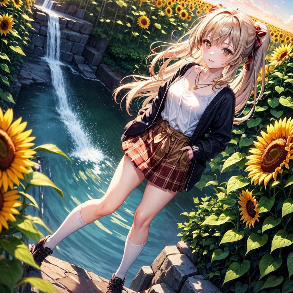 Red, brown, gold, gold hair、Golden Eyes、Hair tied up、One good looking girl、solo、anime、Checkered mini skirt、Ruffles on the skirt、camisole、camisole、Lightweight cardigan、Black knee-high socks、Wearing a baseball cap、Ribbon、Ribbon on waist、Teeth are visible、Sunset sky、Cumulonimbus、Silver coin necklace、shine、From above、Sparks are flying、tunnel、Cobblestones、Hands in pockets、waterfall、Clear Stream、Sunflower field、Have sunflowers、Midnight Moon