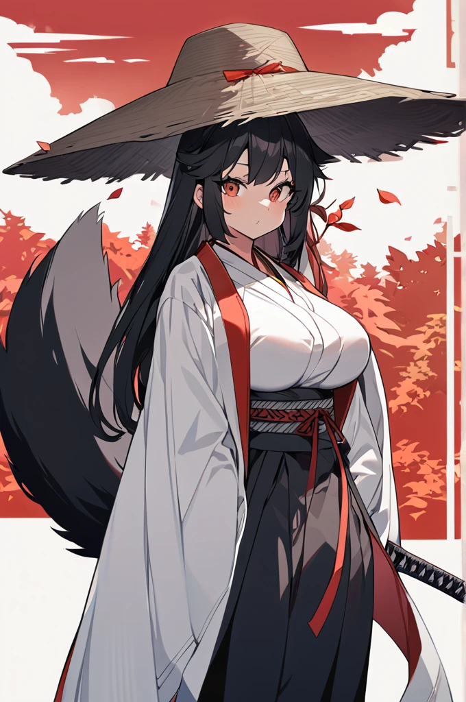 Dog woman, tall, brunette, long black hair, defined, large breasts, long and furry tail, dressed like a Ronin holding a straw hat and a sheathed katana, Crimson leaf forest background