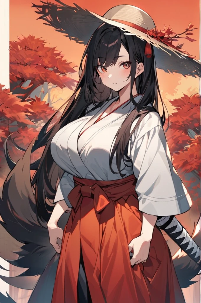 Dog woman, tall, brunette, long black hair, defined, large breasts, long and furry tail, dressed like a Ronin holding a straw hat and a sheathed katana, Crimson leaf forest background