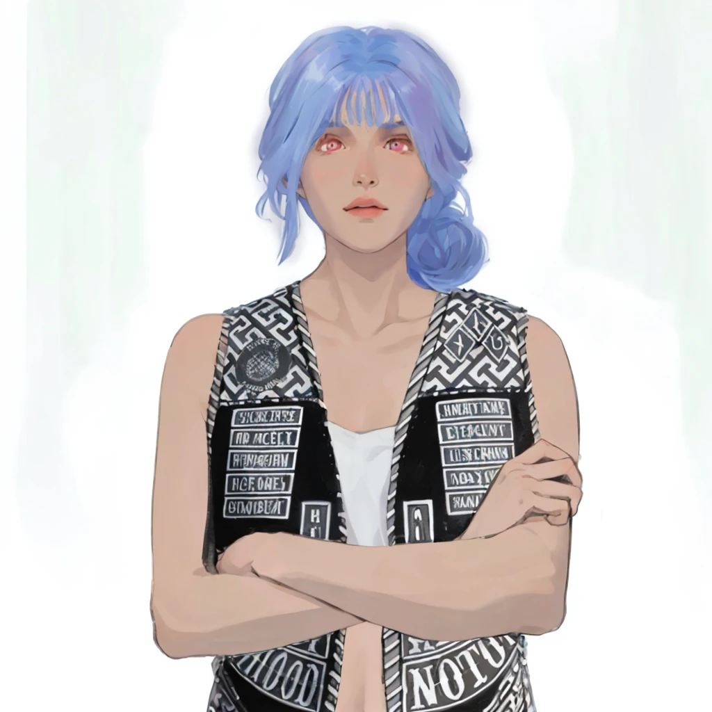 (masterpiece:1.2, best quality), (1girl, solo, upper body:1.2),flat face,Hair: buzz cut,Clothing: oversized, distressed denim jacket with patches and pins, paired with black skinny jeans and combat boots, Hanging out in an underground music venue or street art exhibit