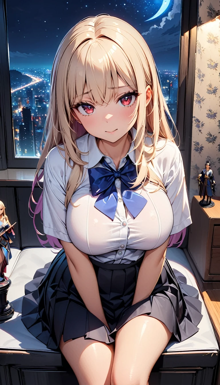 Highest quality, masterpiece,, figure, wallpaper,One girl, alone, , White shirt, Black Skirt, Light Hair, Semi-long hair, Beautiful detailed girl, Highly detailed eyes and face, Beautiful attention to detail, shy,  shine, clean 空, View your viewers, Outdoor, Night Sky, star , loafers, Black Pantyhose, Blue bow tie, Straight hair, Purple petals, Purple and blue flowers, Red Eyes, ponytail, Blue Ribbon,Beautiful thighs, Large Breasts, Red eyes,