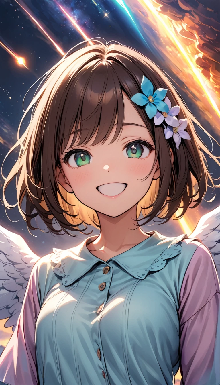 Highest quality, Pastel drawing, Serene atmosphere, Twin girl angels, cute, White Wings, Laughing happily, Brown short hair in various colors, Blue-eyed person, Green-eyed person, Dresses in different colors, Flower Hair Ornaments, Upper Body, Looking at the audience, space, meteor, Light,