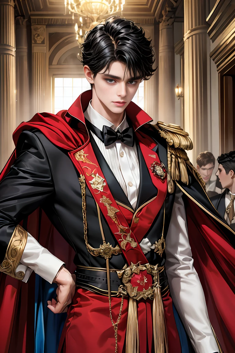 masterpiece, 最high quality, high quality, 1 boy, alone, Male focus, Watching the audience, Messy black hair, Adorable big blue eyes, White people, Noble, Noble,Sexy voluminous black and red cape、Tuxedo、A very voluminous, large, very large, very large, long, long red and black cape with a high stand-up collar, reaching down to the floor, made of a lot of fabric., 17 years old,Cute beautiful boys,Cute, cute, kind, handsome guy