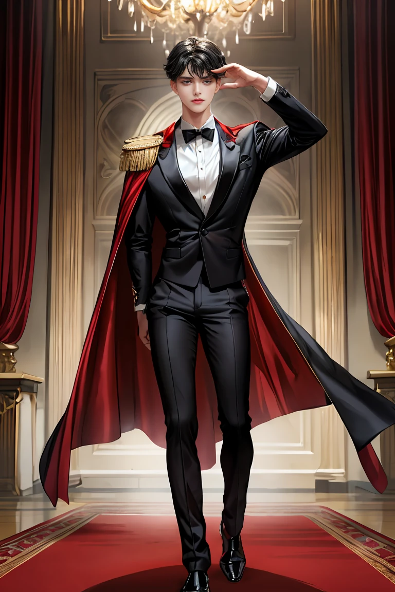 masterpiece, 最high quality, high quality, 1 boy, alone, Male focus, Watching the audience, Messy black hair, Adorable big blue eyes, White people, Noble, Noble,Sexy voluminous black and red cape、Tuxedo、A very voluminous, large, very large, very large, long, long red and black cape with a high stand-up collar, reaching down to the floor, made of a lot of fabric., 17 years old,Cute beautiful boys,Cute, cute, kind, handsome guy