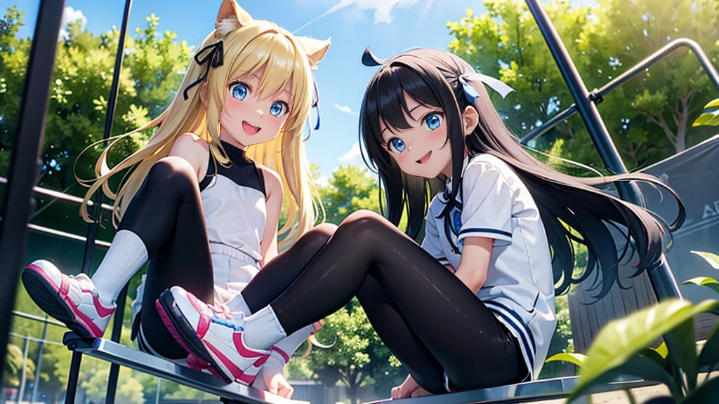 10 year old and 8 year old girls、blonde, Long Hair, blue eyes, Black hair ribbon,  white shorts, Black leggings, Happy, Hilarious, Day, outside, White shoes, flat, short, Playing on the jungle gym in the park