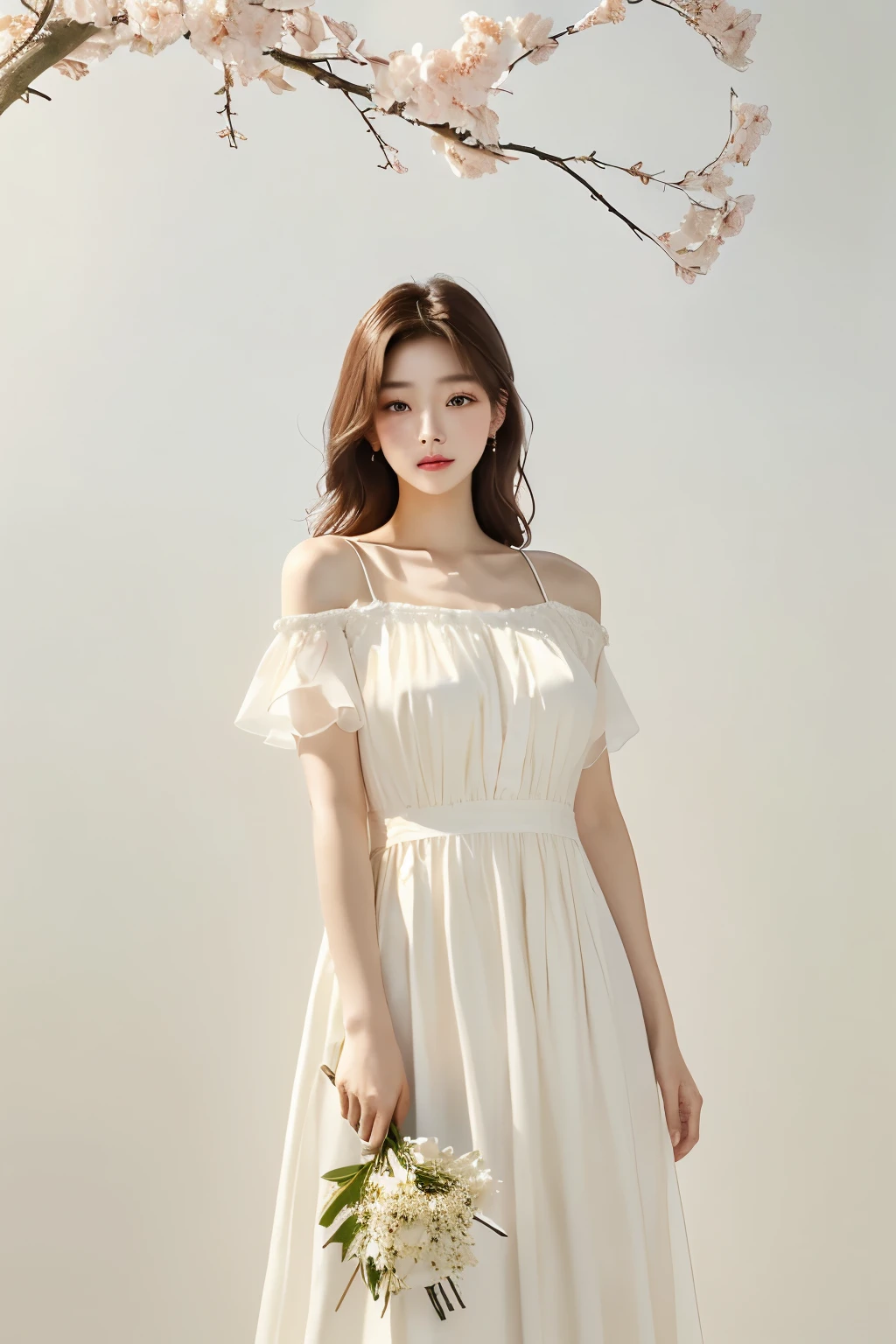 8K, (masterpiece, best quality:1.2), a woman in a 하얀 드레스 holding a bouquet of flowers, simple dress, ancient white dress, light half open dress, simple cream dress,