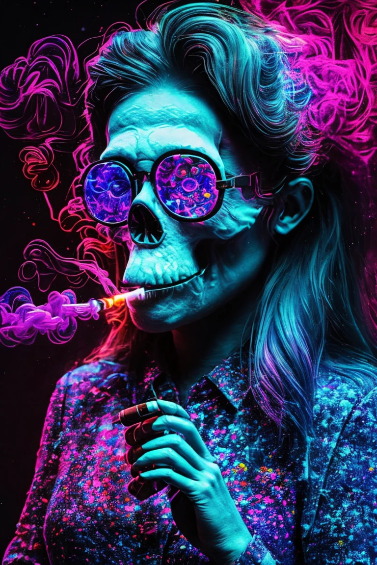 an abstranct woman with long hair, holding smoky cigarette in her hand, face as the shape of a skull, colorful vector style, lsd vision style, portrait view.