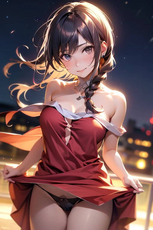 (from below:1.2),(from side:0.9), (Close-Up:0.6), highest quality、(real、photorealistic:1.4)、(RAW photo:1.2)(Curve,Model,glamor:1.5),Beautiful breasts,colour_aberration,beautiful detailed shadow,Beautiful eyes,Beautiful body,Beautiful skin,beautifull hands,(medium_breasts:1.5),1 girl in, (perky chest:1.2), (pointed chest:1.2), dark bronde hair,long hair,side ponytail,hair between eyes,bangs,Purplish brown eyes that dreamers desire, (Blonde hair) , small stature, Colossal tits, Lori, (masutepiece:1.2, Best Quality), (finely detailed beautiful eye: 1.2), (beautifull detailed face), (Best Illumination, extremely delicate and beautiful), ((Cinematic Light)), Dramatic light,Ultra Contrast、Braid a little around the ears, clavicle, red long dress、only has 5 fingers,Her pussy is visible through the see-through white thong、Wet pants、You can see inside your underwear、full of sweat、mocking look、diaper、nffsw,Arms crossed、grab the arm、Shoot from below、The angle is as seen from below.、Best Quality、Large breastuscular pussy:1.2、Pubic hair,high-level image quality、hightquality、8K,perfect hand、5 fingers、finger pin、Perfect Finger、see-through T back、Naked、noise cut、bullet hand、Her hair color should have been a brighter brown,The skirt part is also carefully expressed,brown skirt、the skirt is floating in the wind:1.3、see-through purple panties、Pubic hair majority,(with sparkling eyes and a contagious smile),her thin pubic hair:1.2, looking at viewer