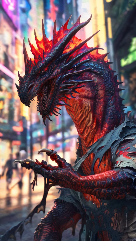a beautiful girl with long brown hair, torn clothes, tattered clothes, human face, screaming in terror, standing on a street corner, (best quality,4k,8k,highres,masterpiece:1.2),ultra-detailed,(realistic,photorealistic,photo-realistic:1.37),award winning,transformation,magma dragon,dragon,intricate details,photorealistic,cinematic lighting,volumetric lighting,depth of field,beautiful face,striking pose,dynamic composition,vivid colors,warm tones