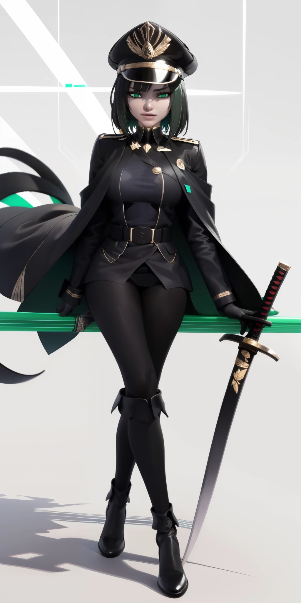 allmind, short hair, black hair, bangs, curvy, anatomical correct, outfit-blackgh, 1girl, solo, looking at viewer, full body, crossed legs, katana, sheath, peaked cap, sheathed, military hat, hollow eyes, green eyes, lips, cheek, expressionless, glaring eyes, upper teeth, Popogori1