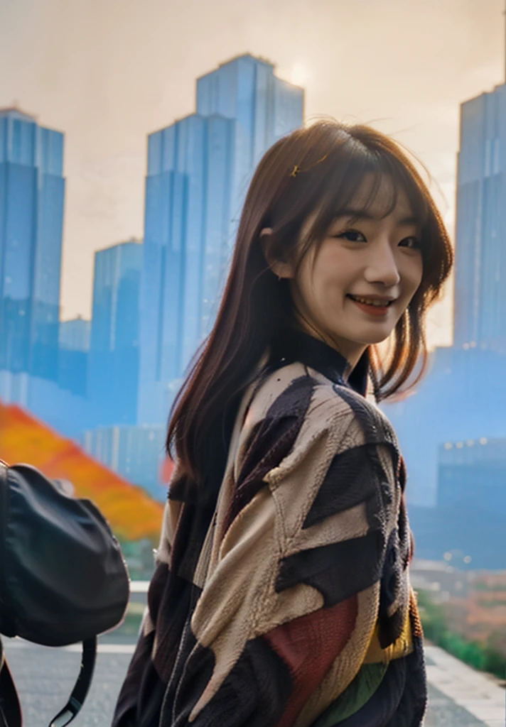 A godzilla holding a beautiful ultraman woman with a beautiful face, from behind while laugh in front of the city, bright and colorful light, realistic, very realistic, detail, extremely detail, photography, cinematic, double exposure, UHD 8k