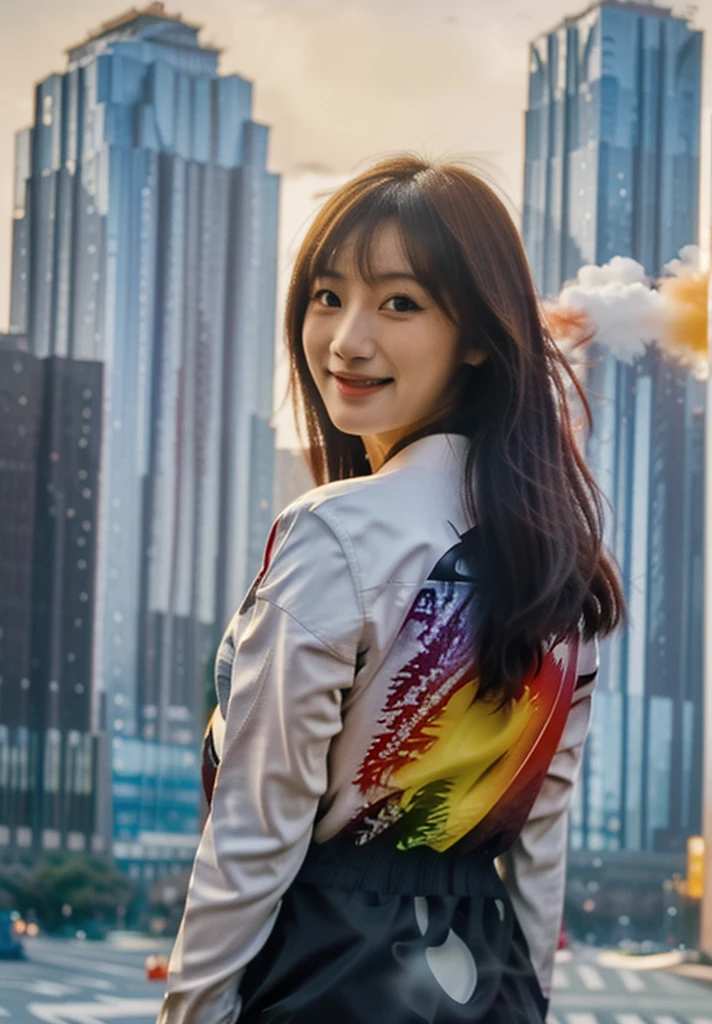 A godzilla holding a beautiful ultraman woman with a beautiful face, from behind while laugh in front of the city, bright and colorful light, realistic, very realistic, detail, extremely detail, photography, cinematic, double exposure, UHD 8k