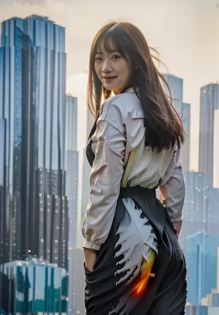 A godzilla holding a beautiful ultraman woman with a beautiful face, from behind while laugh in front of the city, bright and colorful light, realistic, very realistic, detail, extremely detail, photography, cinematic, double exposure, UHD 8k