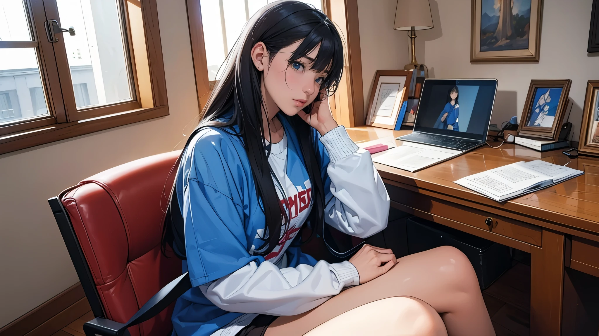 Ultra HD、super high quality、masterpiece、detailed、8K、The place is your room、A high school girl in her room1Person sitting and listening to music on headphones、studying、15-year-old high school girl、The high school girl is Russian and has long black hair.、Has blue eyes、She has a flower tattoo and a glamorous figure.、The clothes she's wearing are a dance fashion set.、Pretty sexy、Lo-Fi images