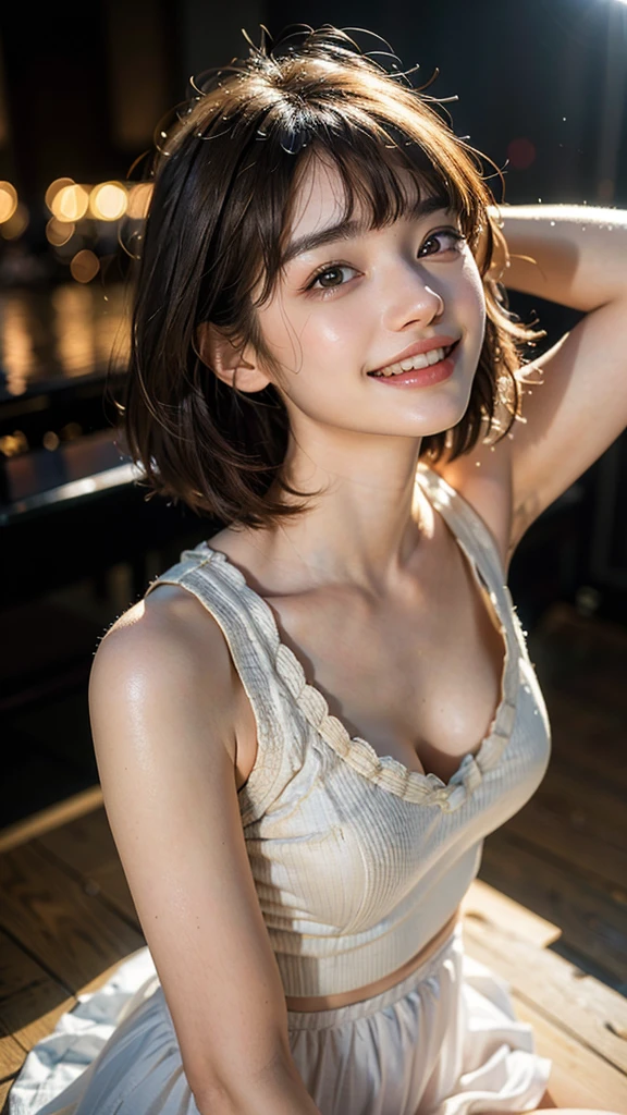 (highest quality, masterpiece, ultra high resolution, photo-realistic:1.4), (portrait, face to face), 1 girl, 20-year-old,Raise your arms and clench your fists, (K-POPアイドルコスチューム), (very short hair),(fluffy, spread hair), (short bangs above the eyebrows,,), (look up at the audience), realistic, (Simple solid color background), picture media chest), (Smile with visible teeth)