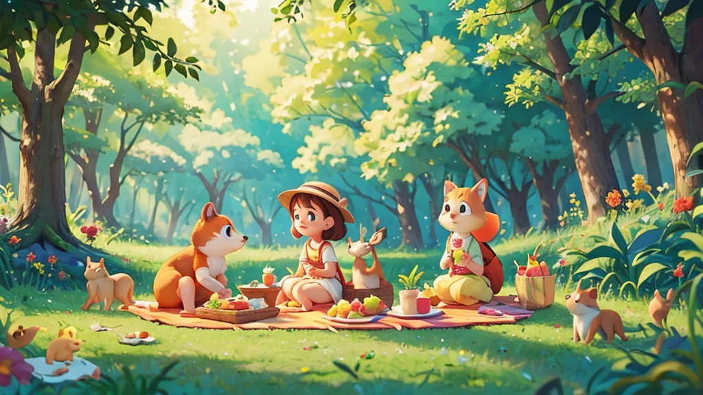 Cute one , Sarah and the forest animals enjoying a delightful picnic,pixar style, best quality, stills,