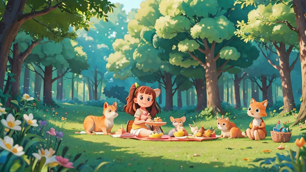 Cute one  , Sarah and the forest animals enjoying a delightful picnic,pixar style, best quality, stills,