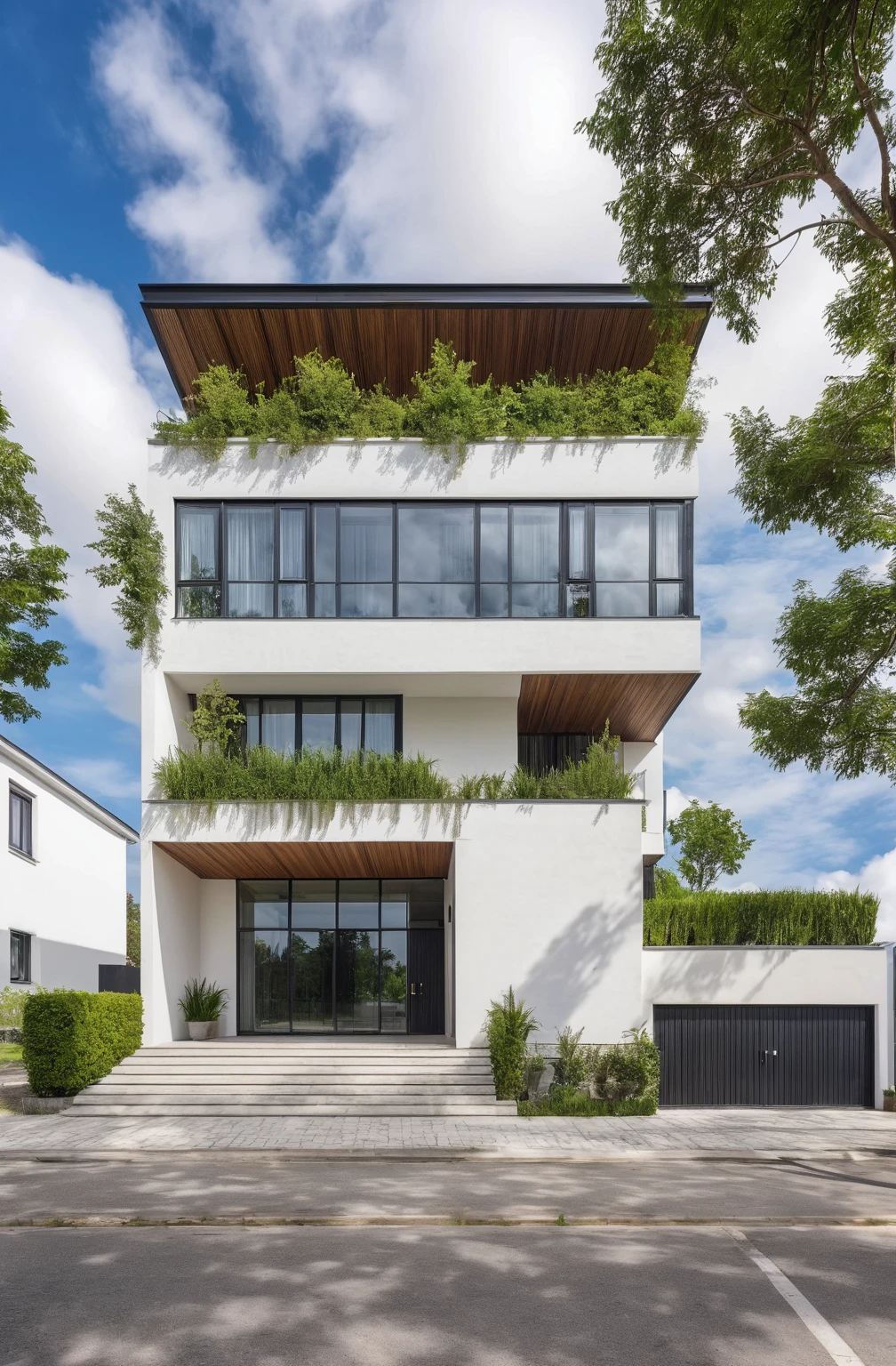 Raw photo,Masterpiece, high quality, best quality, authentic, super detail,
outdoors, house style modern,bietthuhn, white wall, glass windows, gate
road,pavement, grass, trees, sky, cloud, (day:1.1),