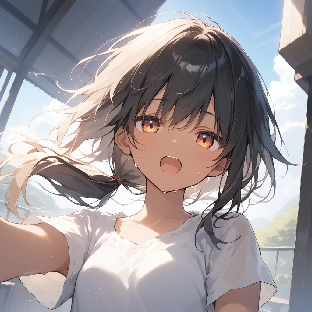 score_9, score_8_up, score_7_up, source_anime, best quality, masterpiece, official art, absurdres, highres, ultra-detailed,waifu2x,Collection: Slice of Life,break,1girl, tomboy, dark-skinned female, short hair, low ponytail, small breasts,  beautiful detailed eyes, short shorts, sweat, open mouth, (yawn:0.3), sleepily, outdoors, wind, break,(clear line illustration:1.2),very high resolution, very aesthetic, super detailed skin, Best sexual lighting powered by famous artist, 8k,cute picture,beauty illustration,photoshop_(medium),,(Detailed Lighting),best anime 8k konachan wallpaper, pixiv contest winner, 